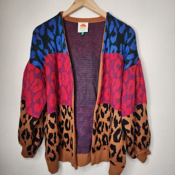 Farm Rio Striped Leopard Cardigan Sweater Open Front Womens XS Oversized - Picture 4 of 14